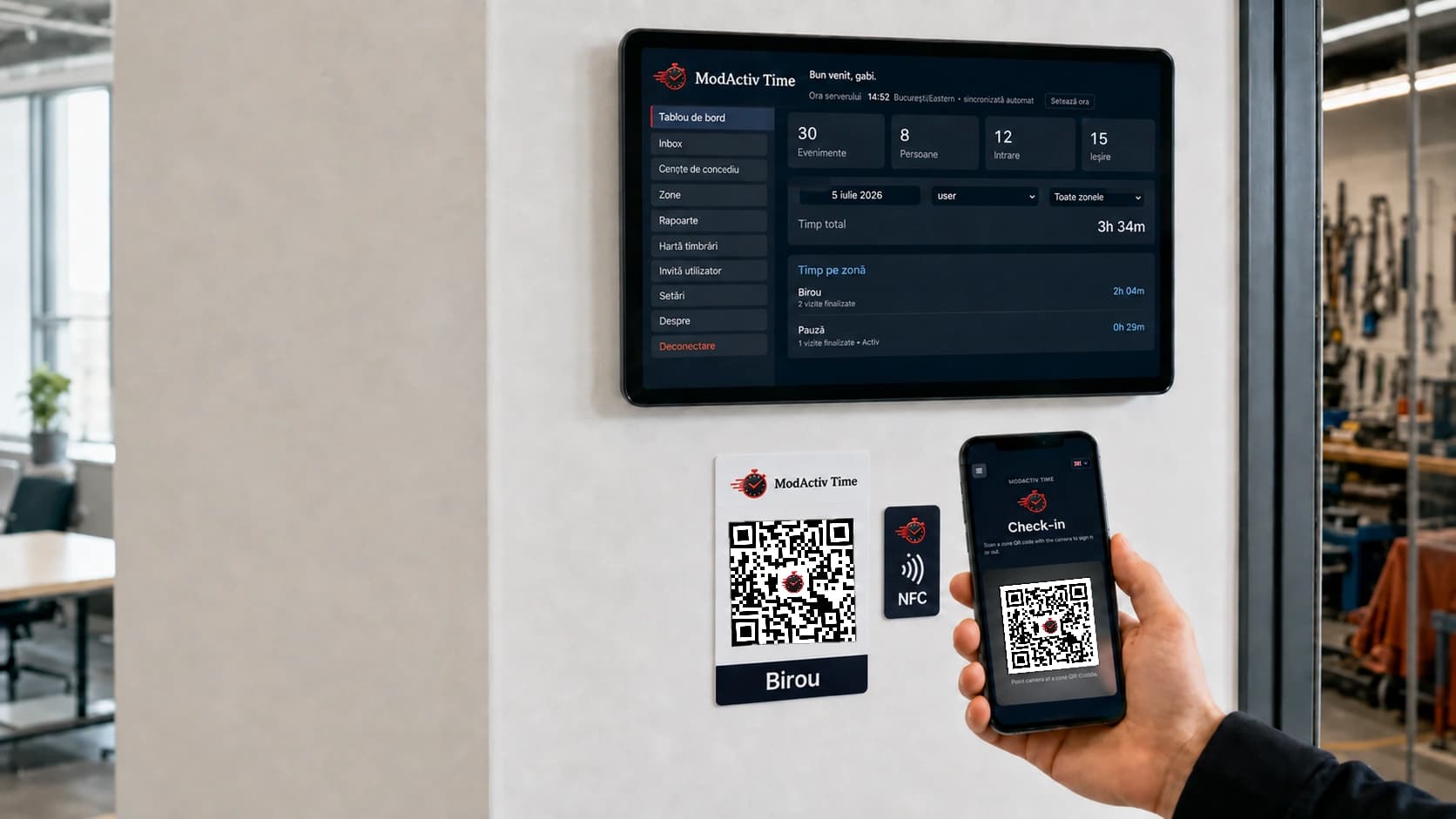 ModActiv Time dashboard on a wall screen with QR and NFC check-in from phone