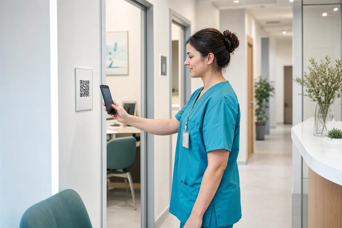 Cadru medical care scanează codul QR de pontaj într-o clinică